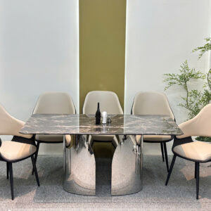 Bộ bàn ăn 6 ghế cao cấp, chân inox , ghế da nhập khẩu - GS017