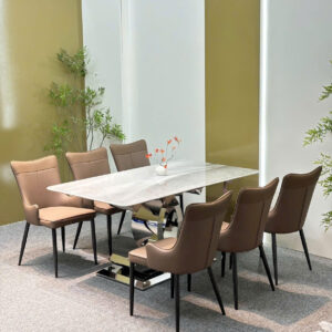 Bộ bàn ăn 6 ghế da nhập khẩu cao cấp, chân inox sáng bóng, mặt đá vi tinh thể - GS023