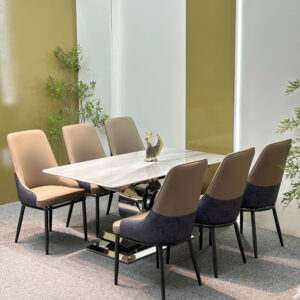 Bộ bàn ăn cao cấp, chân inox , ghế da nhập khẩu - GS02