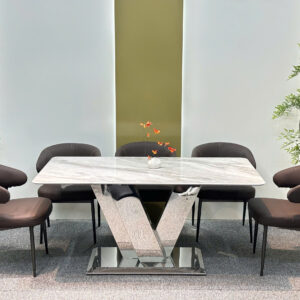 Bộ bàn ăn cao cấp, mặt đá vi tinh thể, ghế da nhập khẩu - GS05