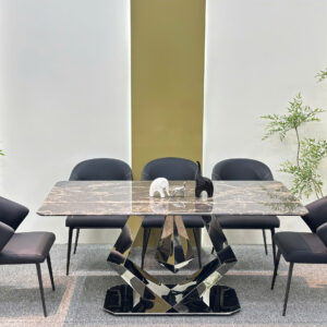 Bộ bàn ăn mặt đá vi tinh thể , chân kim cương, ghế da nhập khẩu cao cấp - GS09