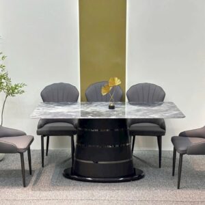 Bộ bàn ăn mặt đá cao cấp, chân gỗ cách điệu kết hợp cùng 6 ghế ELLA - GS024