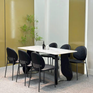 Bộ bàn ăn mặt đá vi tinh thể , chân bàn inox phối gỗ kết hợp cùng 6 ghế LÁ - GS025