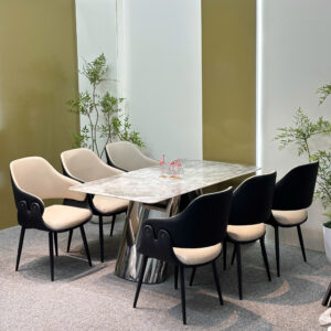 Bộ bàn ăn cao cấp 6 ghế , mặt đá vi tinh thể , chân bàn inox mạ titan - GS028